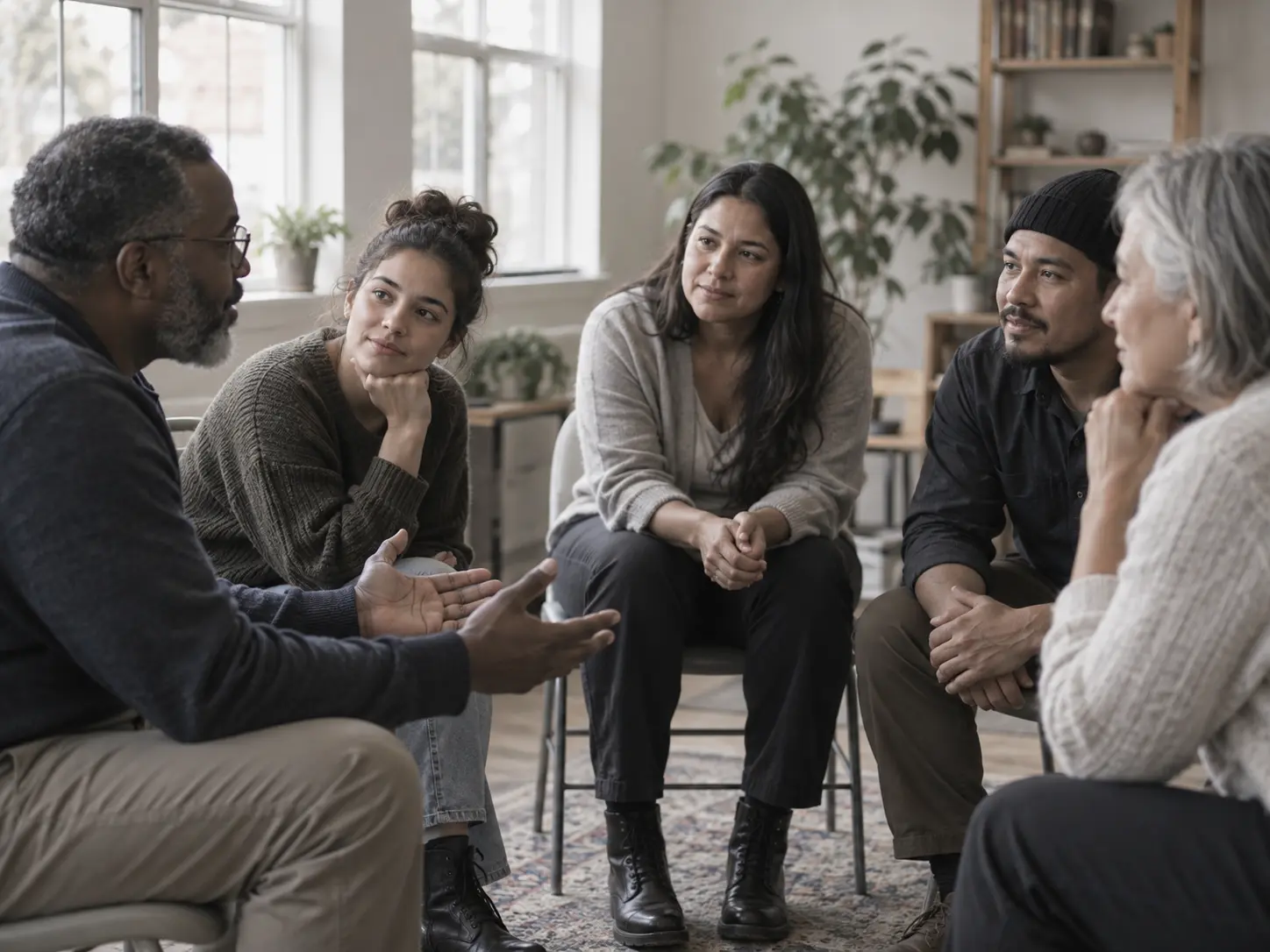A diverse community group listening to one another in a circle